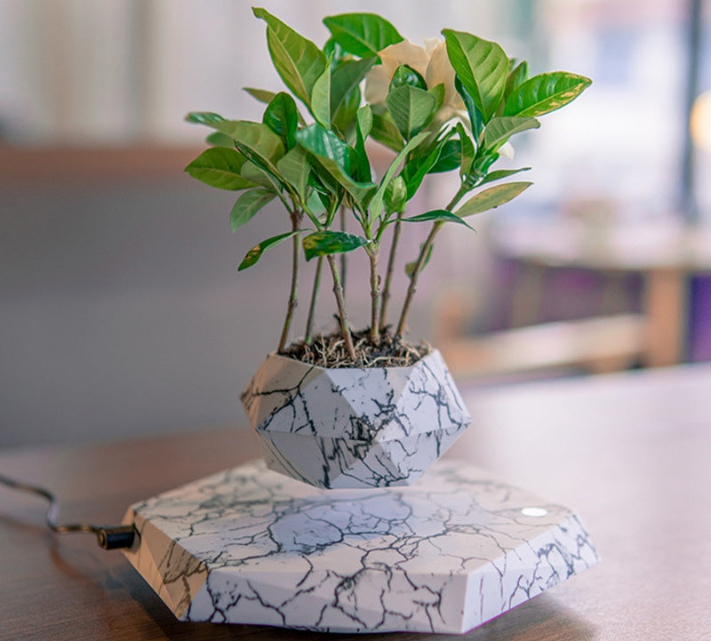 Magnetic Levitating Plant Pot – Marble Floating Planter with LED