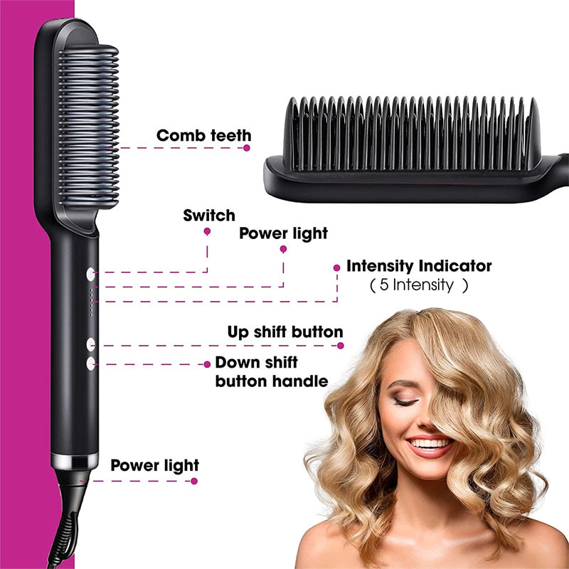 2-in-1 Negative Ion Hair Straightener Brush – USB Ceramic Hot Comb