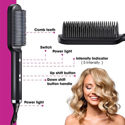 2-in-1 Negative Ion Hair Straightener Brush – USB Ceramic Hot Comb